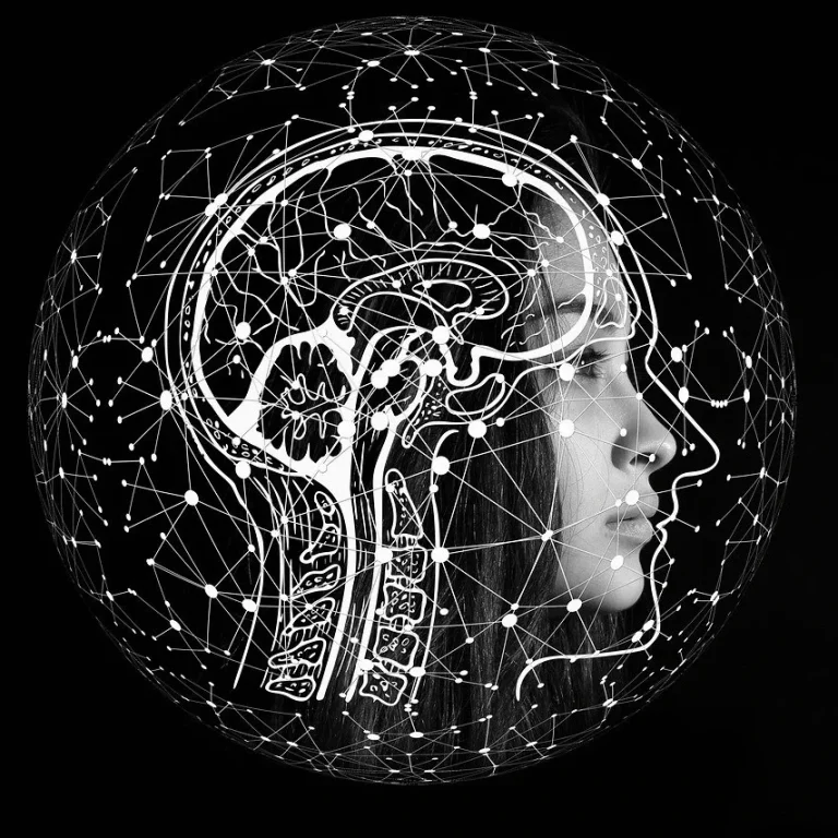 Profil d'une femme entouré de motifs neuronaux et de connexions.